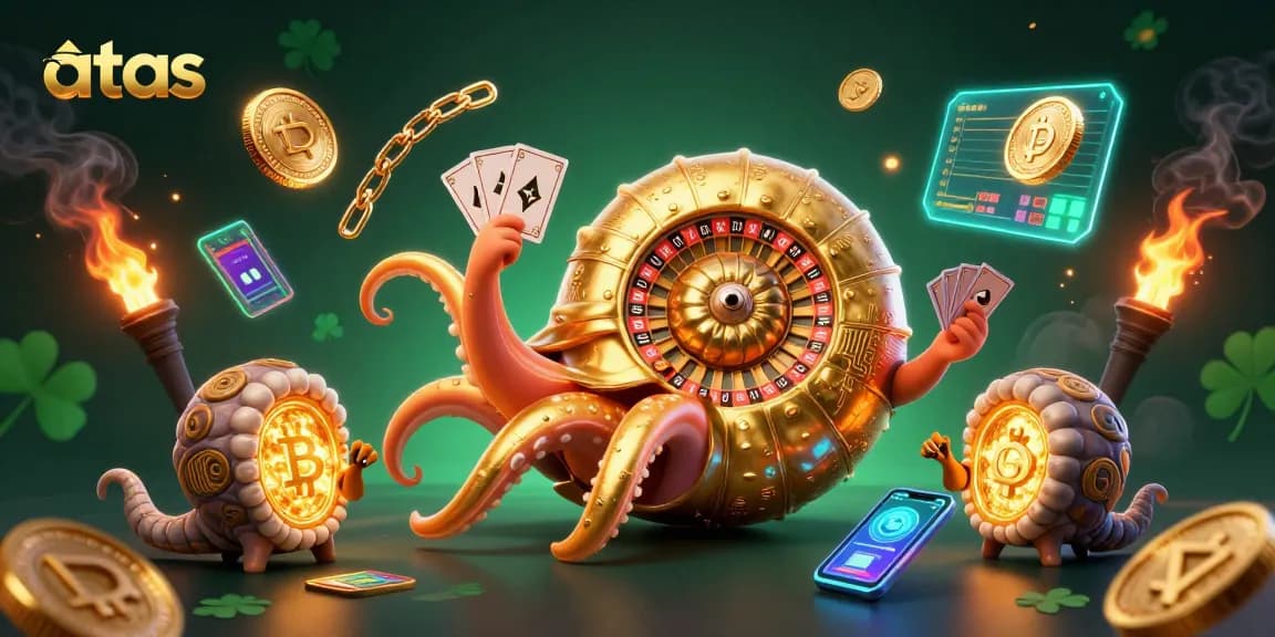 Engage with the vibrant world of atas casino featuring a giant nautilus roulette wheel and dynamic crypto elements.