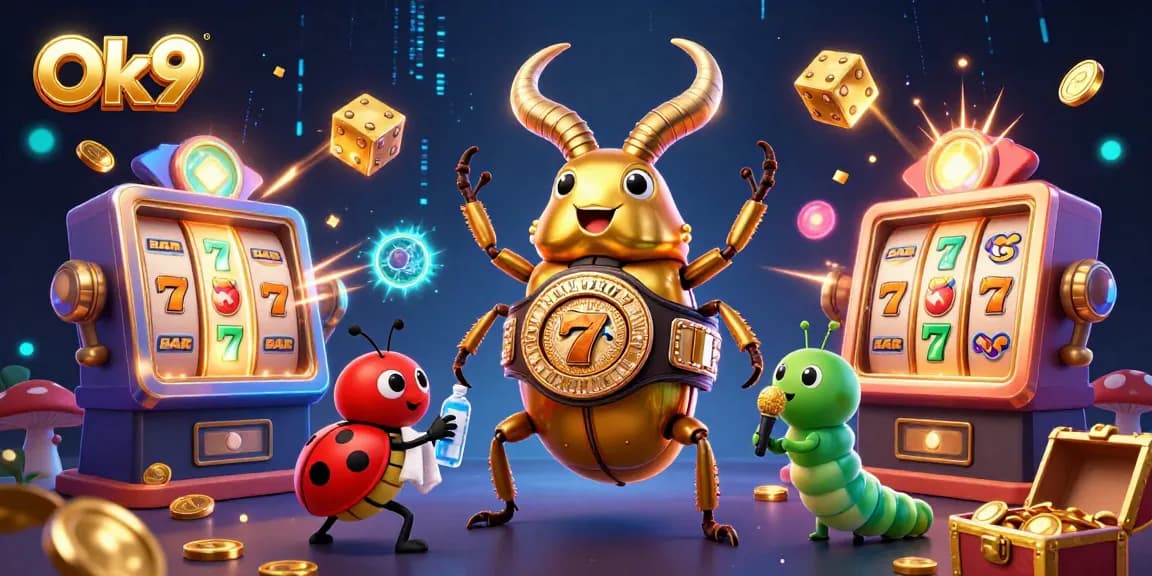 Experience excitement at Ok9 with a dynamic scene featuring a champion beetle and vibrant casino elements.