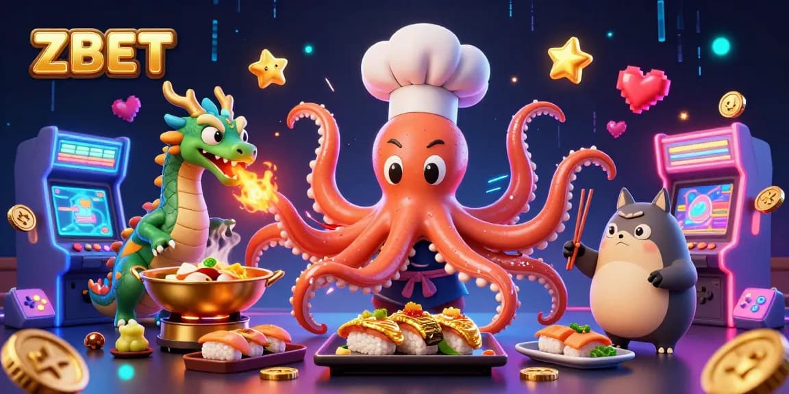 ZBET gaming scene with an octopus chef, dragon, and tanuki amid vibrant arcade elements.