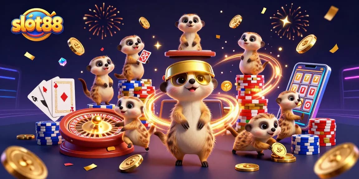Engage in thrilling slot88 adventures at a vibrant casino with animated meerkats and sparkling treasures.