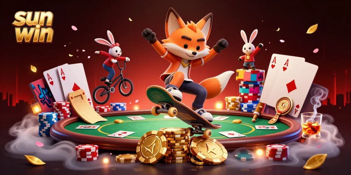 Experience excitement with sun win as a fox and rabbit engage in thrilling casino stunts.