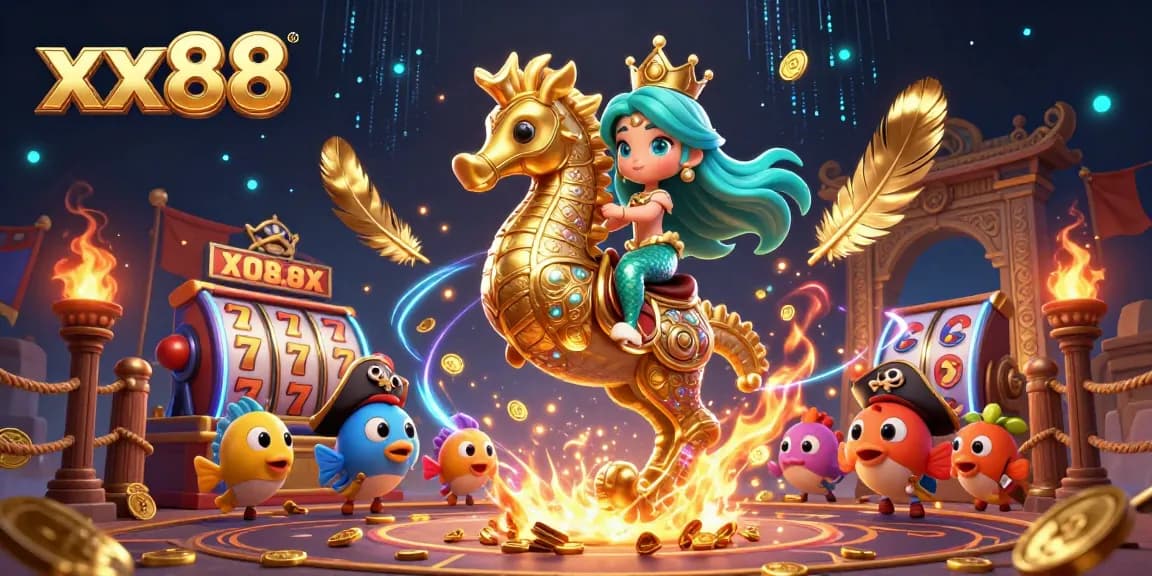 Experience the vibrant adventure with xx88 casino as a mermaid princess rides a seahorse amidst gold coins and slot reels.