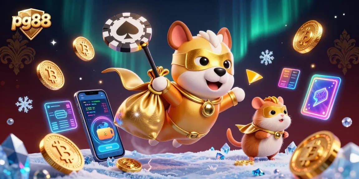 Witness the excitement of pg88 with a superhero dog flying through vibrant, dynamic casino elements.