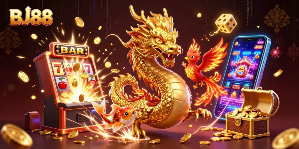 Experience the thrill of BJ88 with a dazzling 3D casino scene featuring a dragon, phoenix, and treasures.