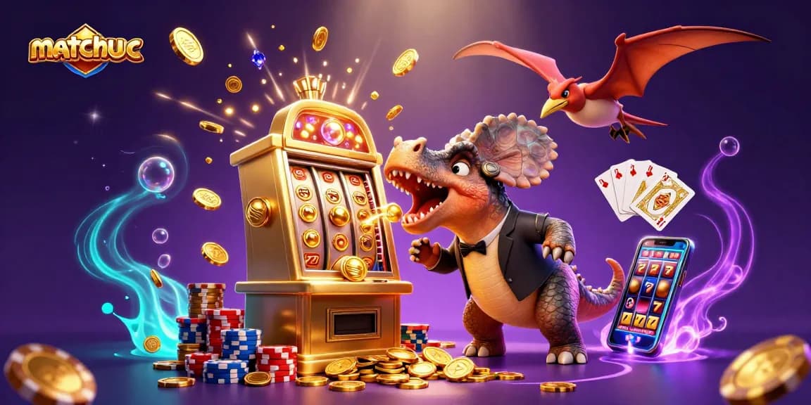 Matchuoc jackpot scene with a pachycephalosaurus, winning coins, and casino elements.