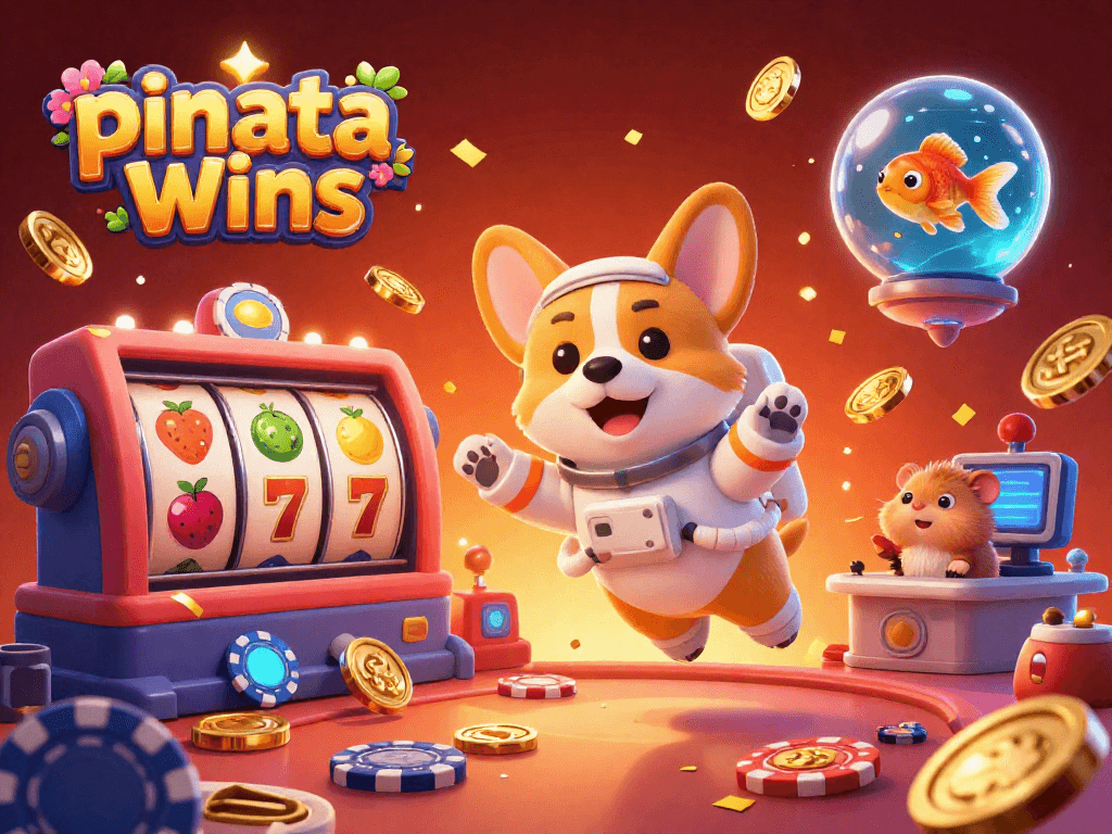 Experience the thrill of pinatawinsslot with a vibrant 3D illustration of a casino scene, featuring a floating corgi astronaut and golden coins.