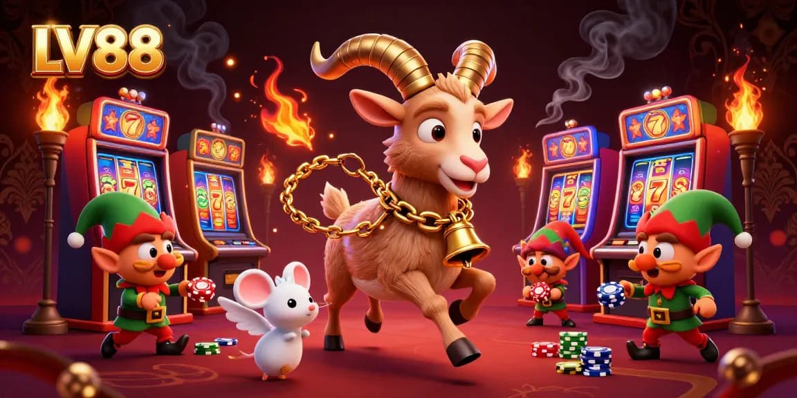 Engage in thrilling action at LV88 with a vibrant casino scene featuring colorful slot machines and whimsical characters.