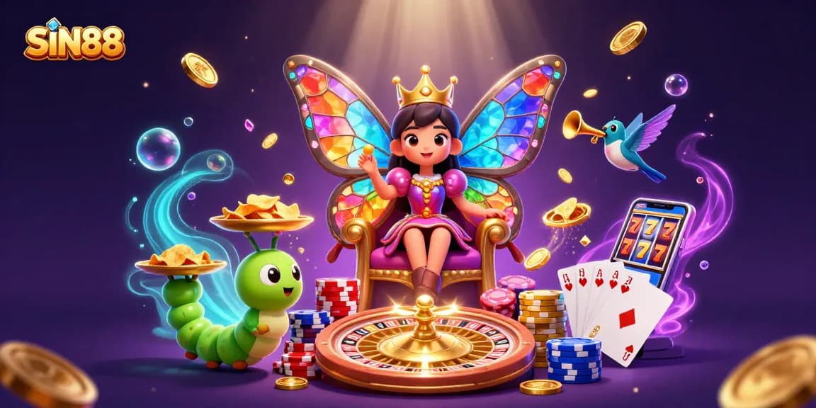 SIN88 offers exciting gameplay with a vibrant butterfly queen surrounded by chips and dynamic casino elements.