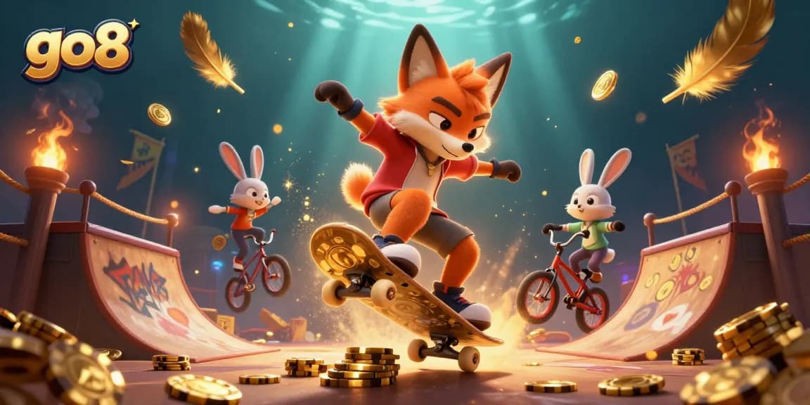 Engage with the thrilling experience of go8 gaming, showcasing a vibrant scene with casino symbols and dynamic characters.
