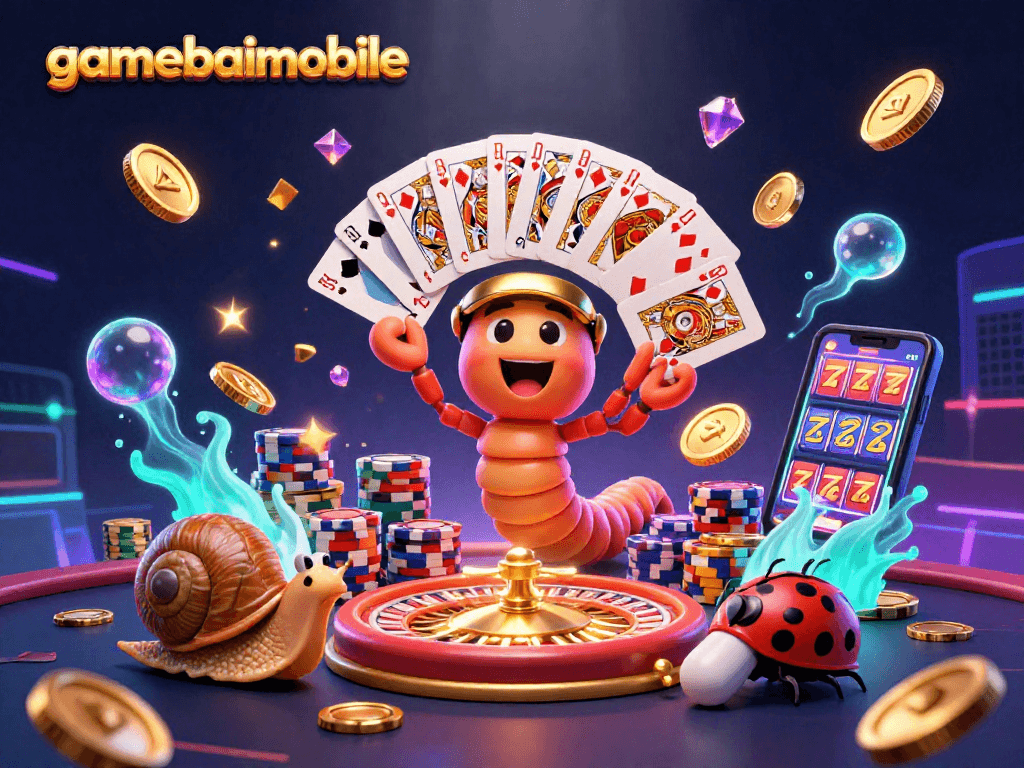 Engage with gamebaimobile's vibrant casino scene featuring a millipede dealer, high-rolling snail, and dynamic gaming elements.