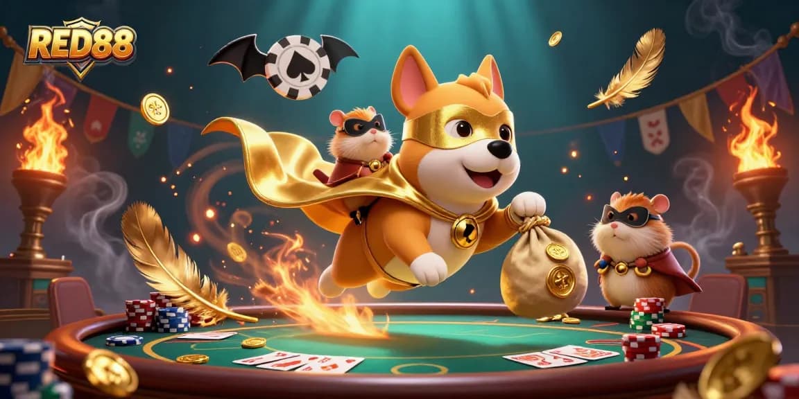 Engage with RED88, as a superhero dog flies carrying coins amid casino games and vibrant elements.