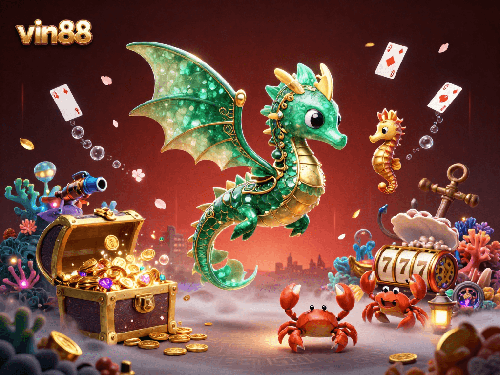 Experience vin88's vibrant casino scene filled with gold coins and magical sea creatures.