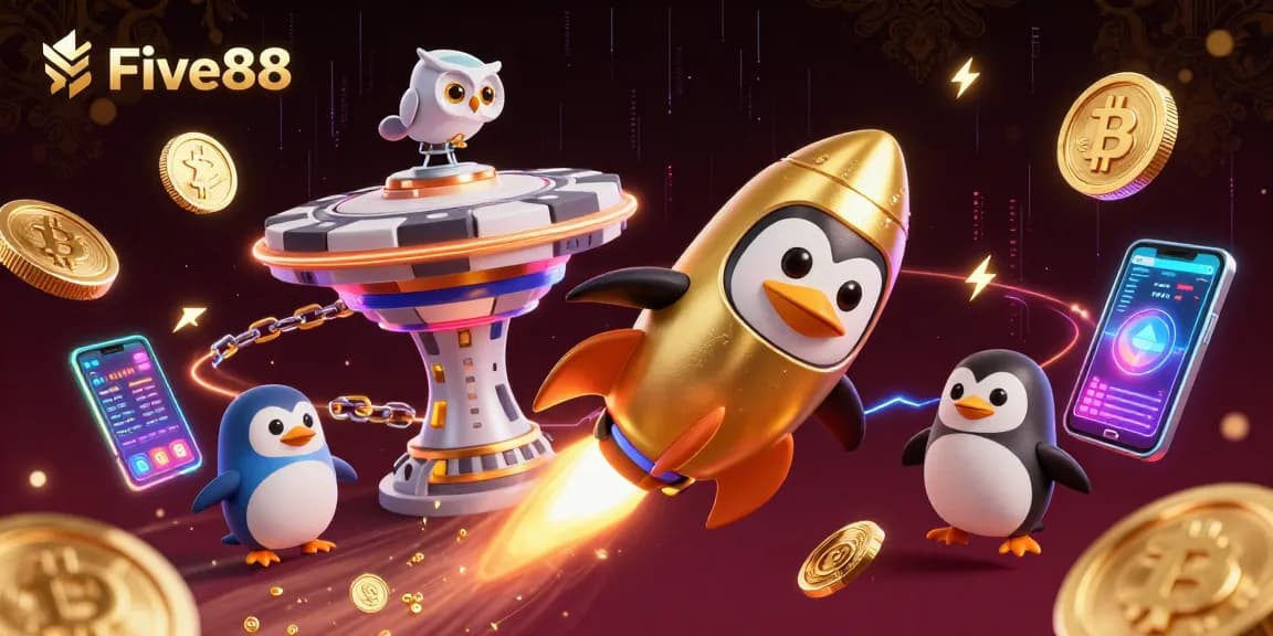 Experience the thrilling casino universe of Five88 with a dynamic 3D penguin and glowing crypto elements.