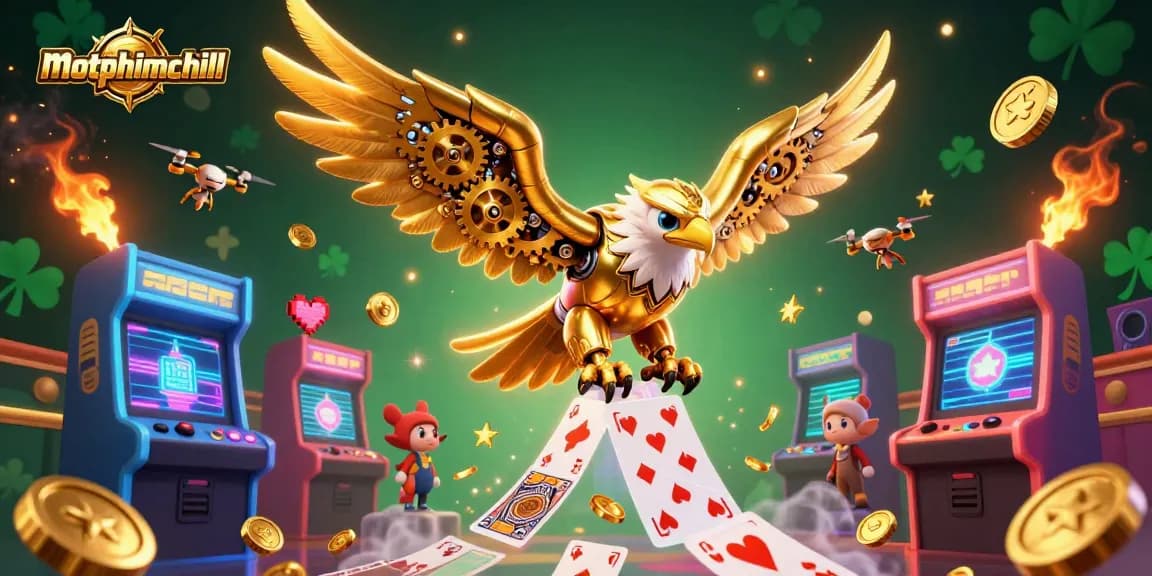 motphimchill showcases a dynamic casino-themed digital illustration highlighting a golden eagle navigating holographic cards amid vibrant game elements.