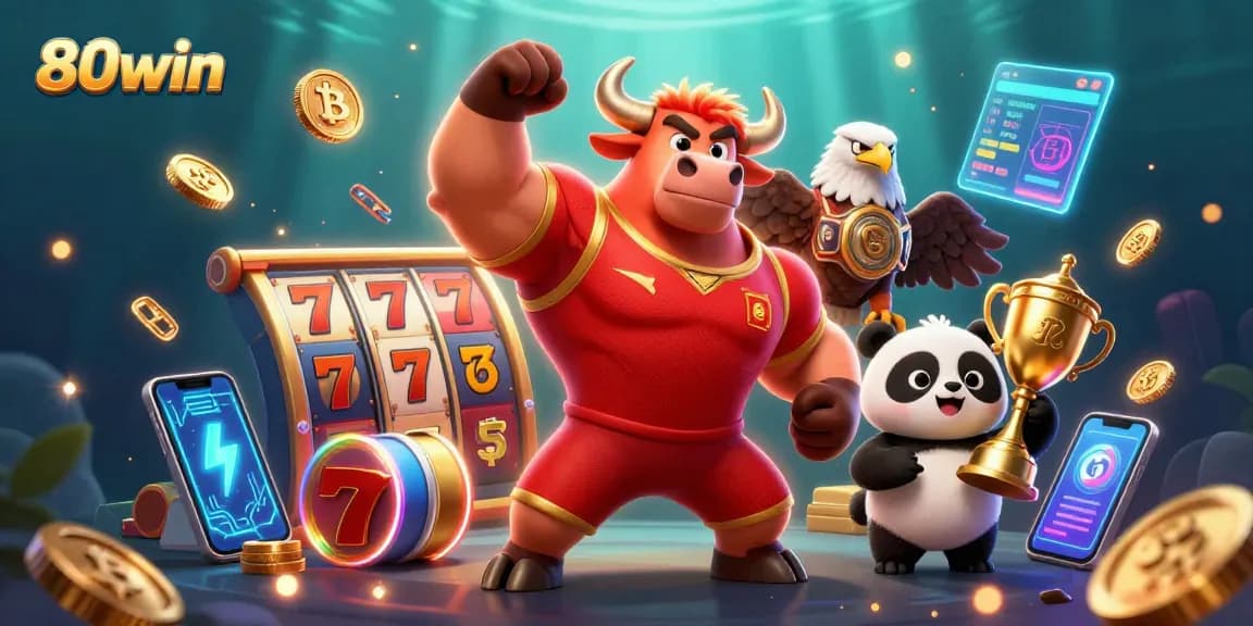 Engage with 80win's vibrant gaming world featuring a victorious bull and joyful panda celebrating exciting slot wins.