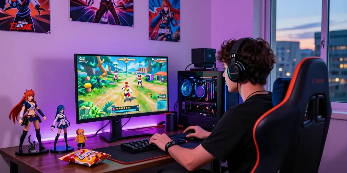 Engaged player immersed in a real ecchi game amidst vibrant gaming decor and ambient lighting.