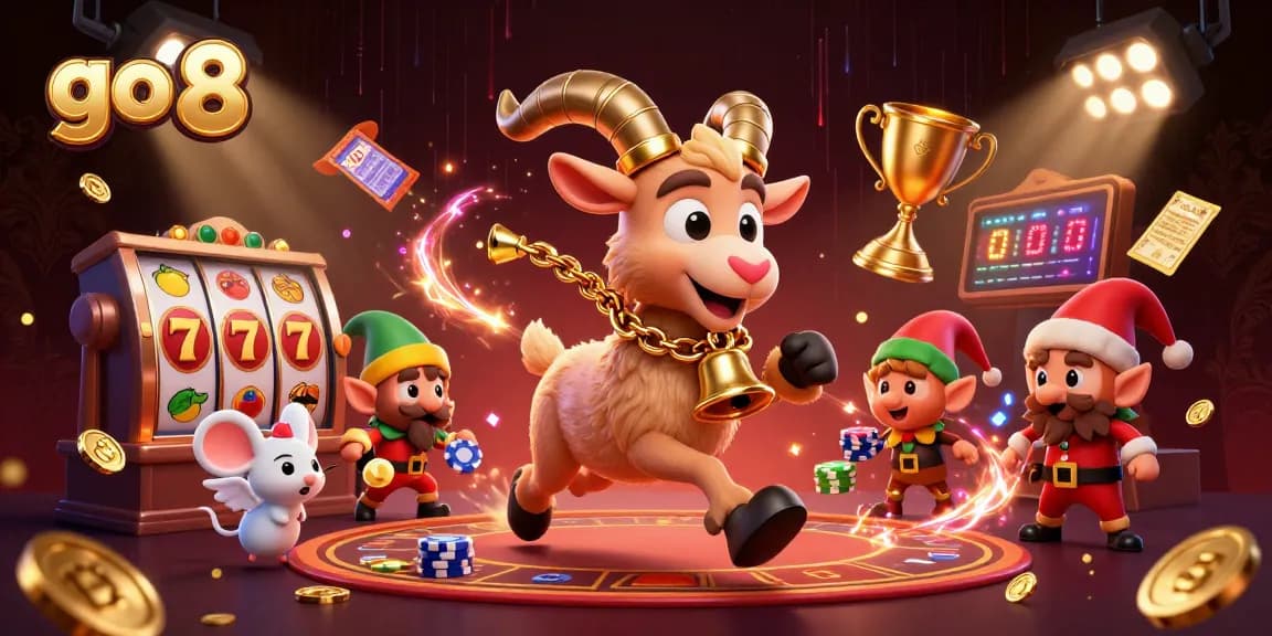 Experience the excitement of go 8 slots in a festive, action-filled casino scene with cartoon characters.