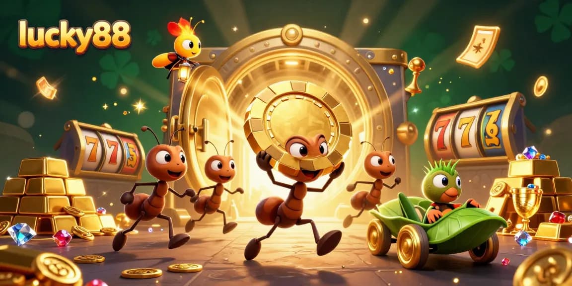 Win with lucky88 as cartoon ants heist gold chips in a vibrant casino scene.