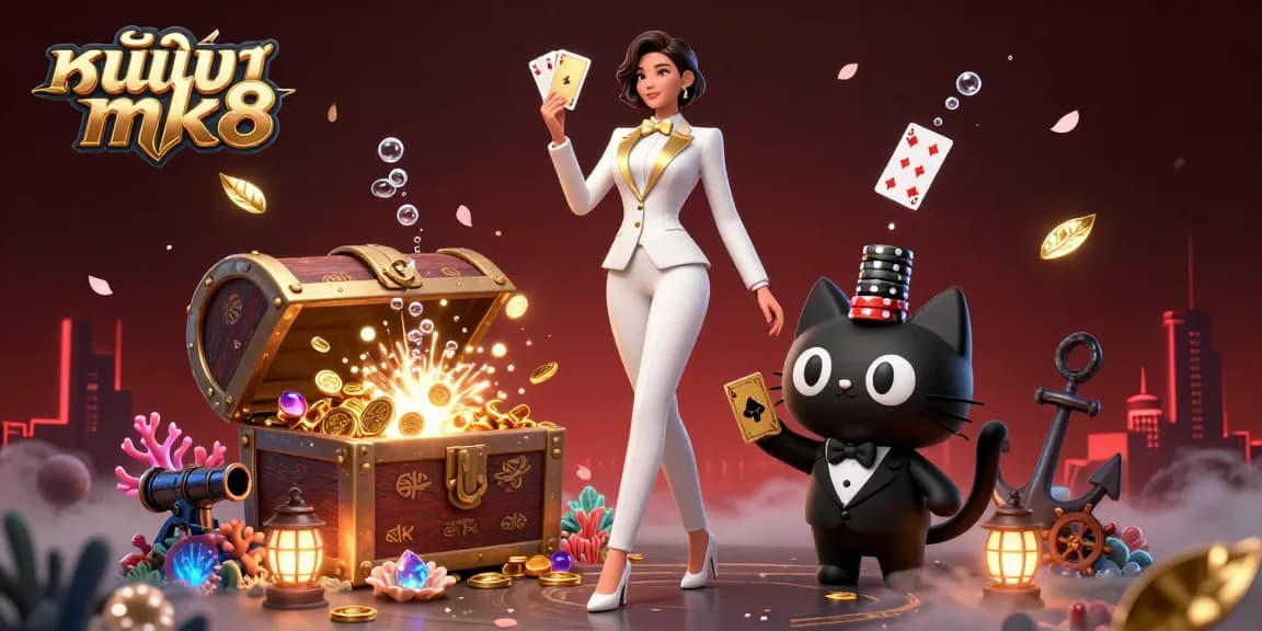 Engage in thrilling gambling action on หน้าแรก mk8 with a glamorous dealer and poker chips amidst vibrant gaming elements.