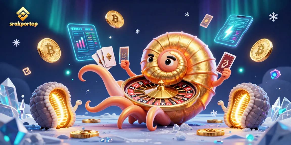 Srokportop showcases a vibrant scene of a nautilus roulette wheel surrounded by glowing cryptocurrency elements.