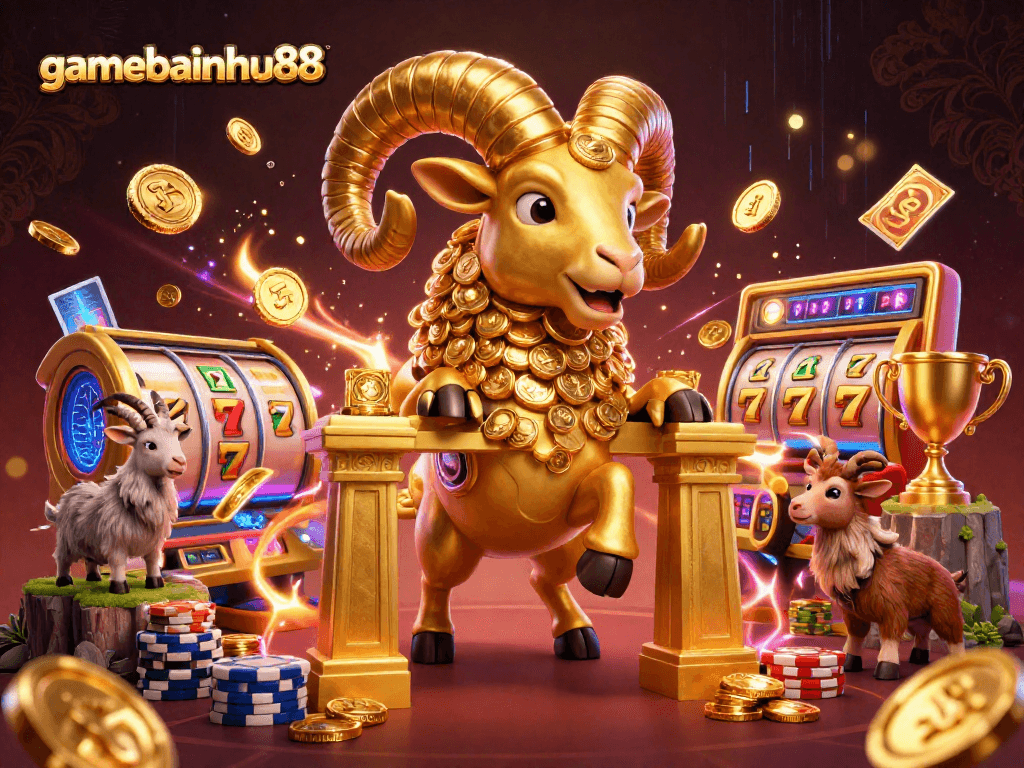 Experience excitement with gamebainohu88 featuring a stunning 3D golden ram at a vibrant casino.