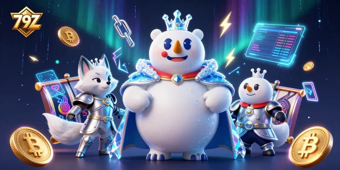 Play thrilling slots at 79Z with a 3D cartoon ice king polar bear and snow fox in an enchanting digital casino.