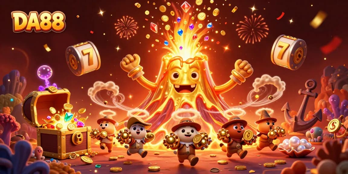 Spin and win with DA88 at the vibrant golden volcano casino scene showcasing joyful creatures collecting treasure.