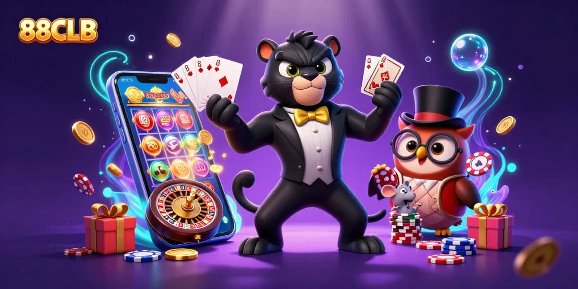 88CLB showcases card dealing elegance in a vibrant casino scene with playful characters and game elements.