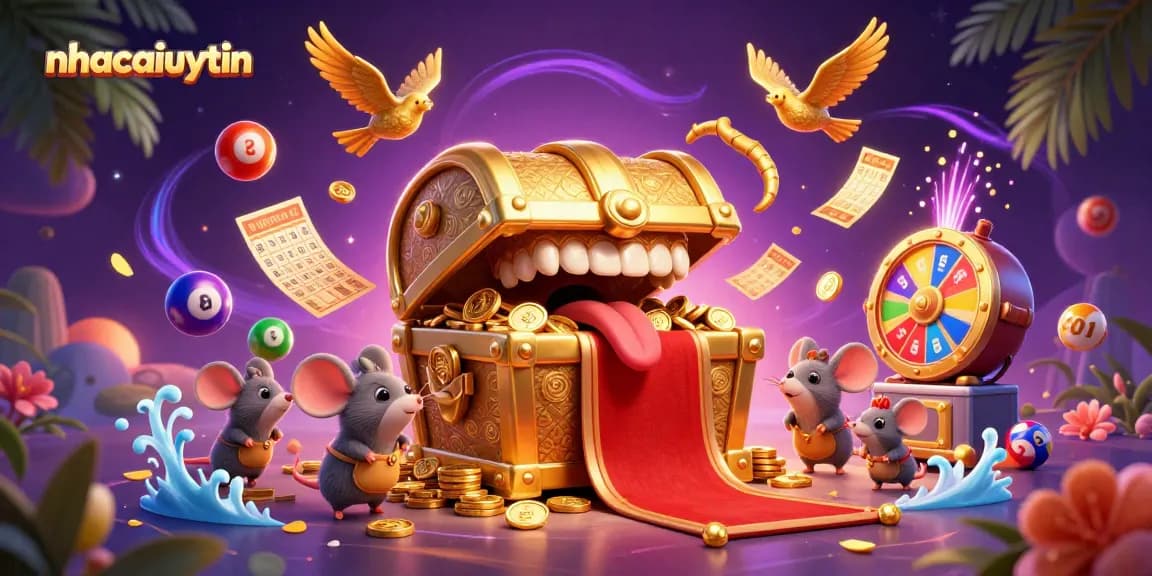 nhacaiuytin showcases winner's delight with a vibrant scene of adventure mice around a golden treasure chest.