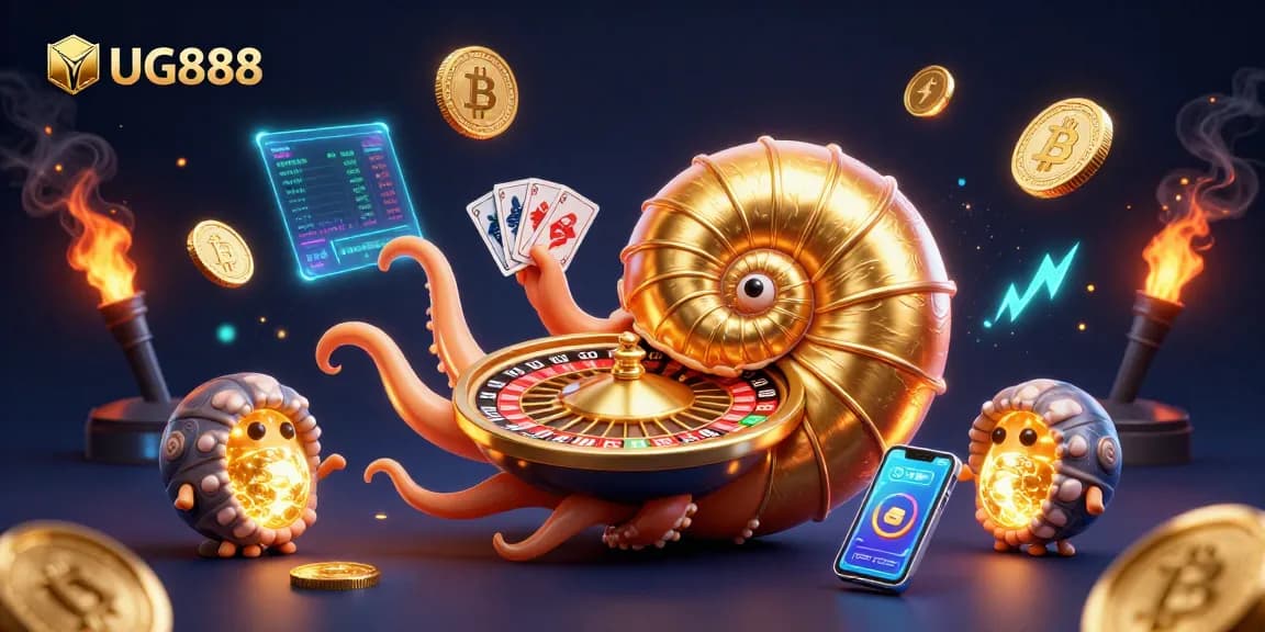 Experience thrilling gameplay with UG888's ancient nautilus roulette wheel and vibrant crypto elements.