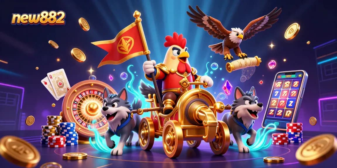 Experience the thrill of new882 with a regal rooster warlord amidst casino excitement and riches.