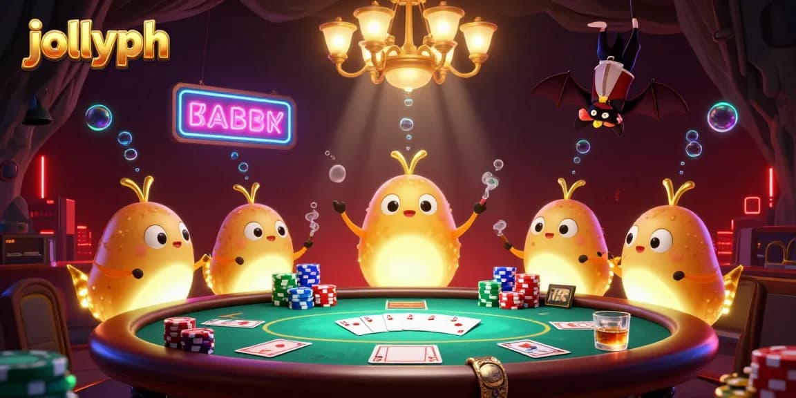 Experience exciting poker gameplay at jollyph with vibrant glowworms lighting the scene and a bat dealer overseeing the action.