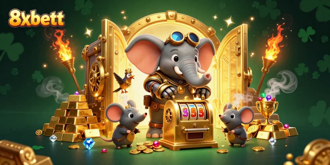 Play exciting games at 8xbett with our unique steampunk casino scene featuring vibrant treasures and fun!