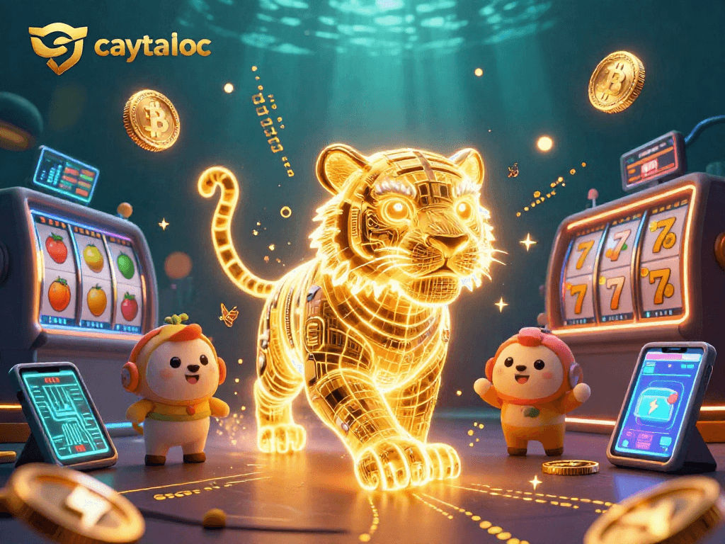 Engage with caytailoc's exciting slot experience featuring a golden tiger and vibrant digital casino elements.