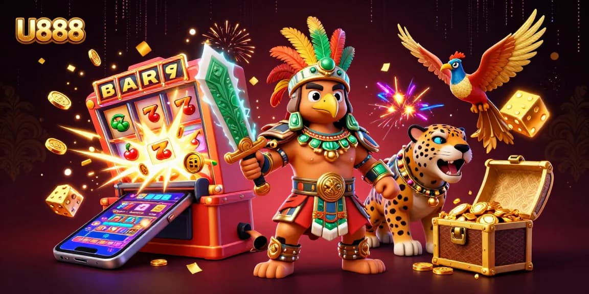 Experience thrilling gameplay at U888 as an Aztec warrior battles for jackpots in a vibrant casino scene.