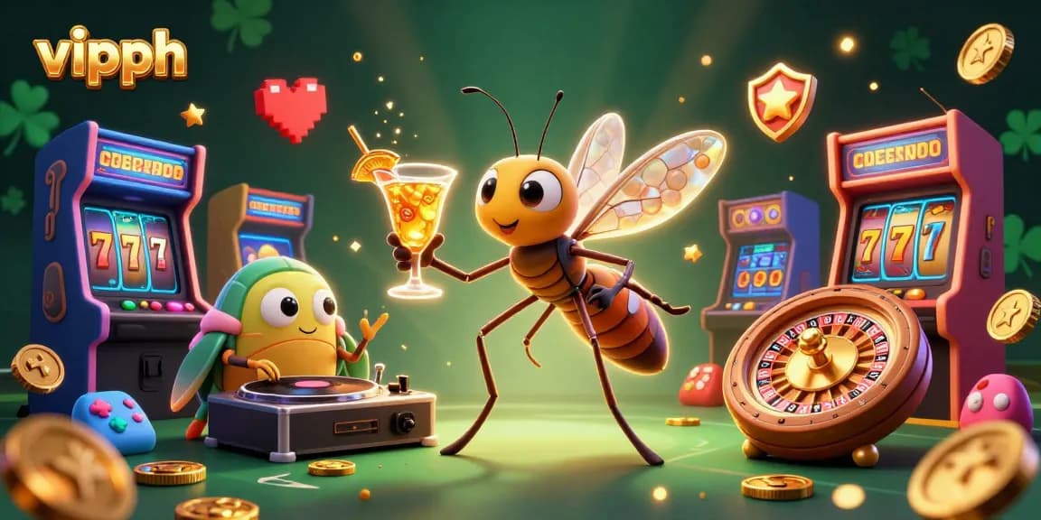 Experience thrilling gaming action at vipph with vibrant casino elements like a golden roulette wheel and playful characters.