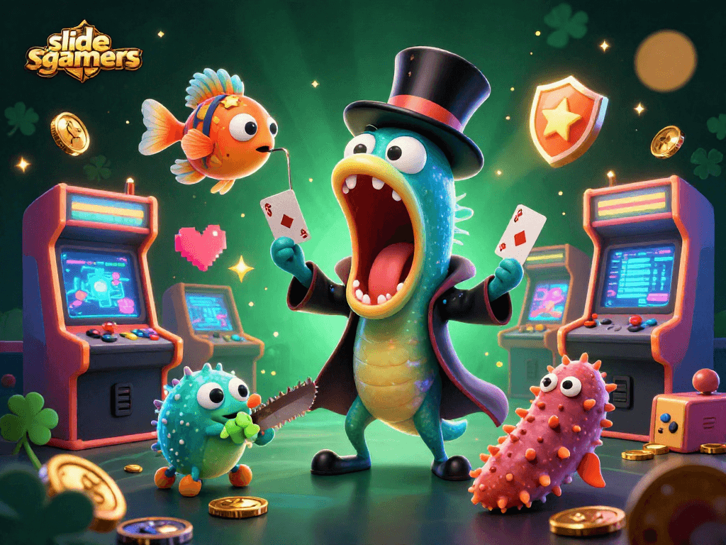 Engage with slidegamers as the vibrant scene reveals magical tricks in an arcade of fun.