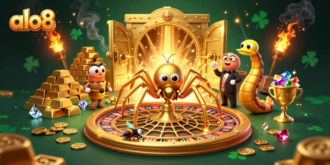 Unveiling the thrilling world of alo8, where a golden spider spins a roulette wheel web as players bet.