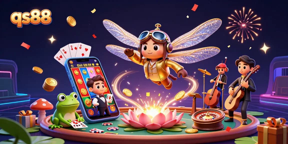 qs88 unleashes winning moments with a vibrant casino scene featuring slot games, a frog dealer, and jazz musicians