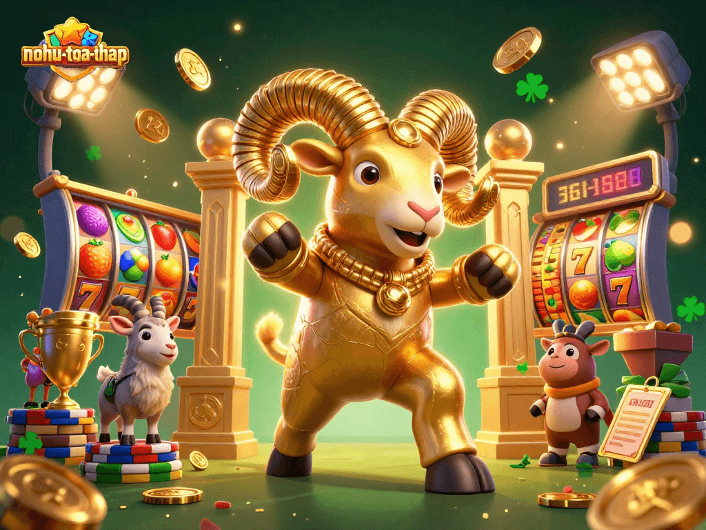 Spin to win with nohu-toa-thap’s thrilling jackpot slots featuring golden elements and vibrant characters.