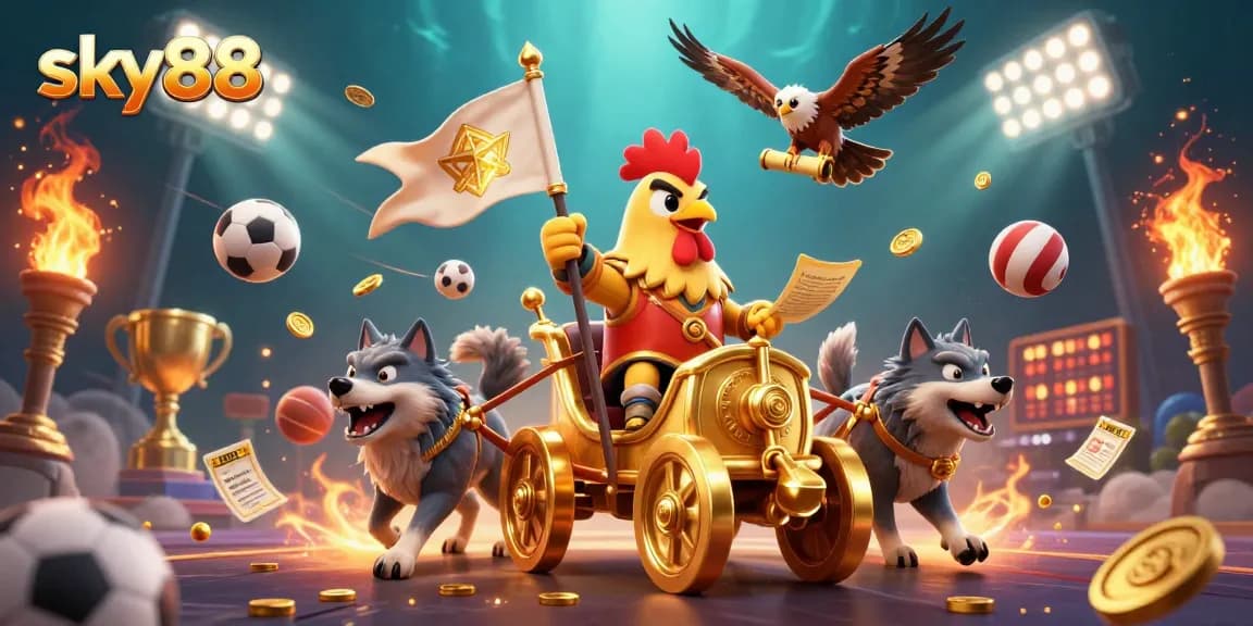 Experience thrilling action in sky88 with a rooster warlord raising a golden flag amidst dynamic sports elements.