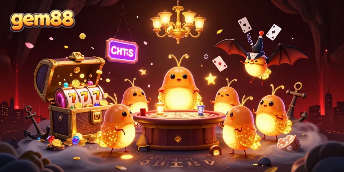 Experience the excitement of gem88 with glowworms lighting up a vibrant casino scene packed with games and gold.