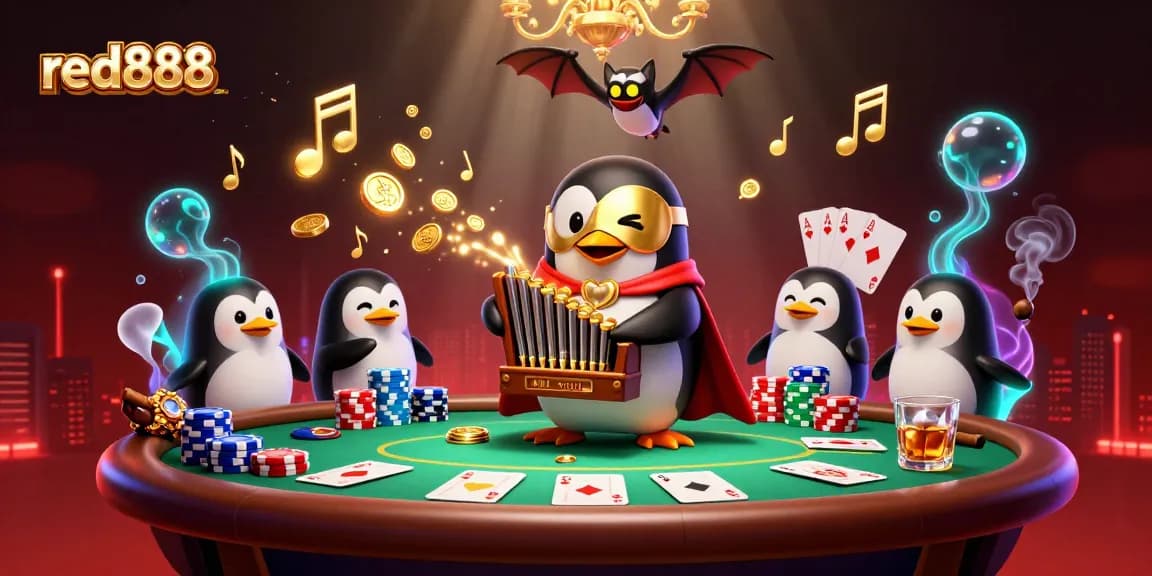 Play poker with red888 at a lively casino featuring golden coins, vibrant characters, and a dynamic atmosphere.