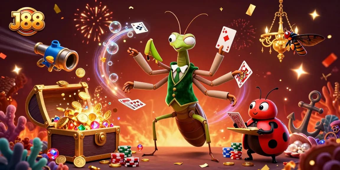 J88 casino scene showcasing a giant mantis card dealer pouring champagne and cards