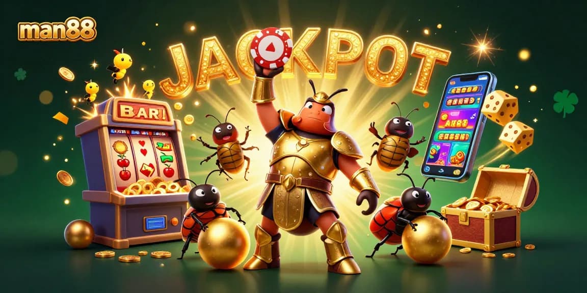 Experience the excitement of man88 with a jackpot scene featuring vibrant 3D characters and casino elements.