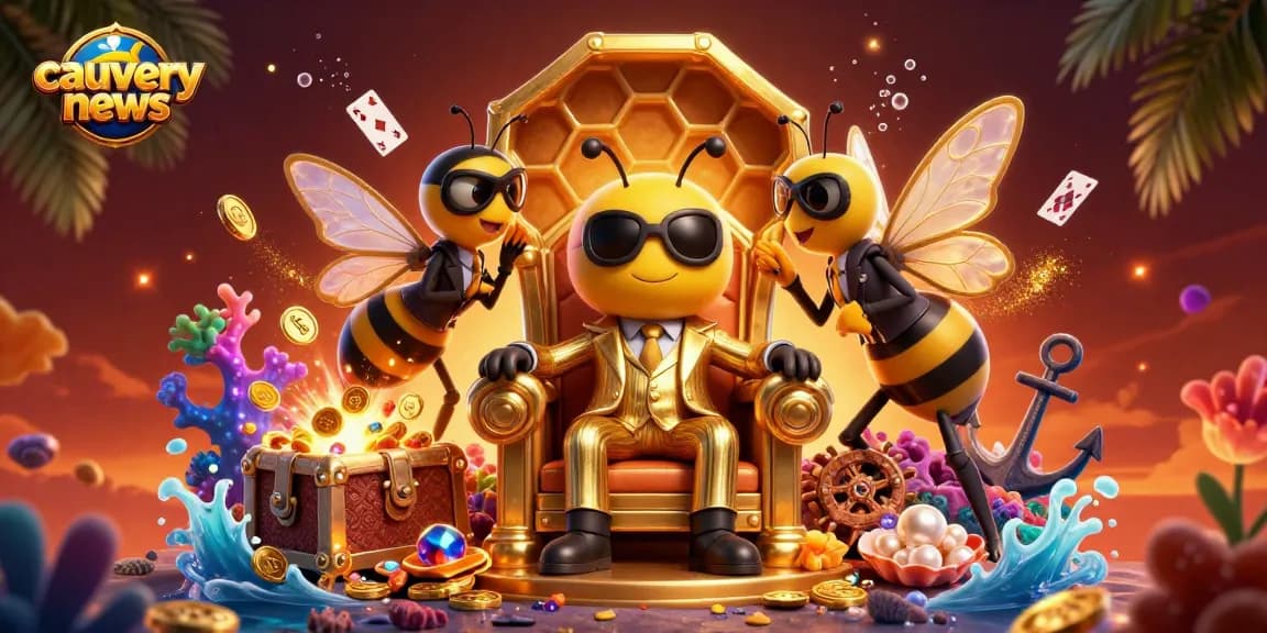 Cauverynews showcases a vibrant 3D casino scene with a bumblebee mob boss and treasure elements, captivating gamblers.
