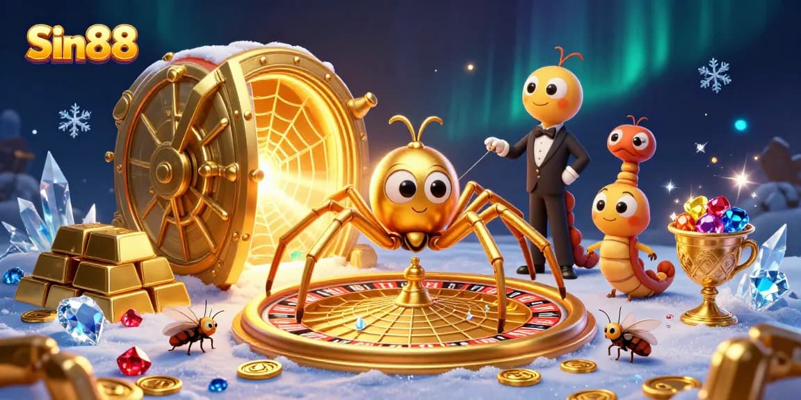 Sin88 offers a captivating 3D scene where a golden spider spins a roulette web surrounded by treasures.