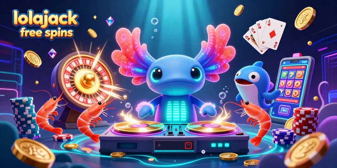Experience the thrill of lolajack casino free spins with neon axolotl DJ and dynamic casino elements.