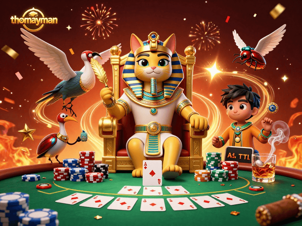 Engage with the thrilling gameplay of thomayman, a vibrant casino scene featuring dynamic poker elements.