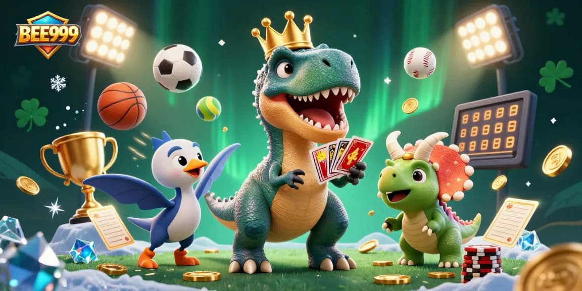 BEE999 showcases an exciting scene with a T-Rex shuffling cards and a triceratops stacking chips.